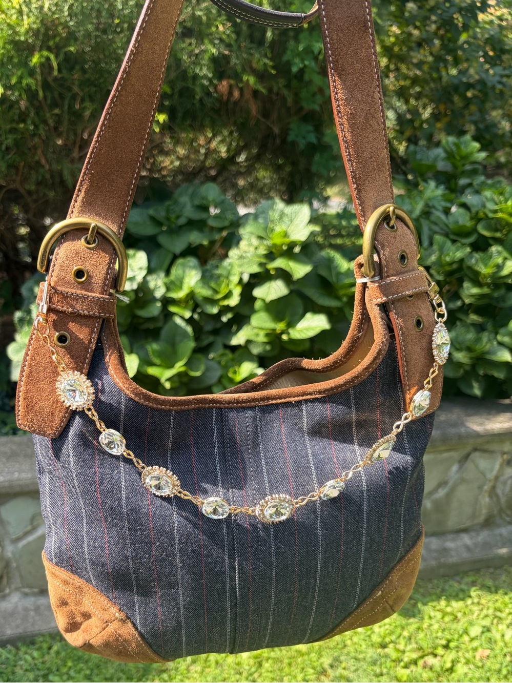 Rare Y2K Vintage Coach Denim Pinstripe Suede Shoulder/Crossbody Bag - Picture 8 of 17